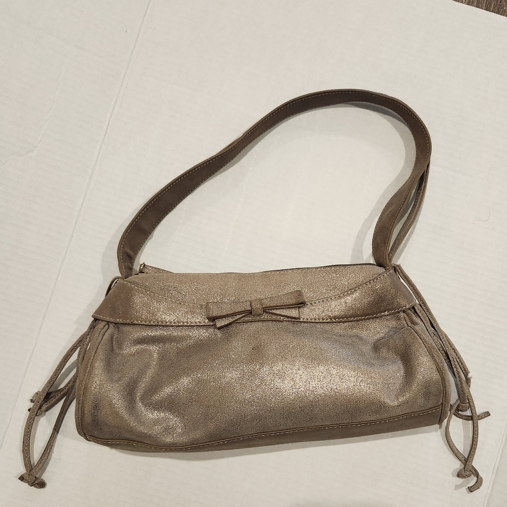 Sondra Roberts Bronze Metallic Bow detail purse Suede Fringe Thick strap - Picture 2 of 8